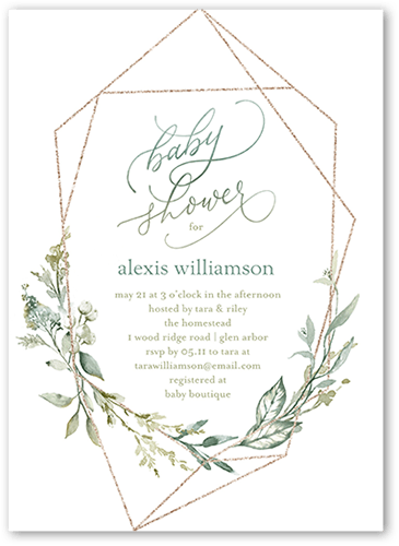 Geometric Floral Frame Baby Shower Invitation, Green, 5x7 Flat, Matte, Signature Smooth Cardstock, Square