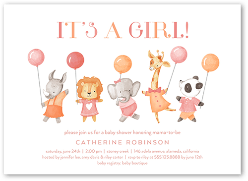 Balloon Animals Baby Shower Invitation, Pink, 5x7 Flat, Standard Smooth Cardstock, Square