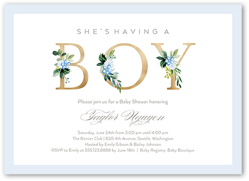 Sprouted Beginnings Baby Shower Invitation, Blue, 5x7 Flat, Pearl Shimmer Cardstock, Square