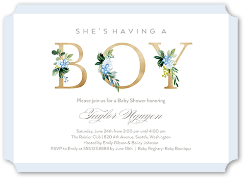 Sprouted Beginnings Baby Shower Invitation, Blue, 5x7 Flat, Matte, Signature Smooth Cardstock, Ticket