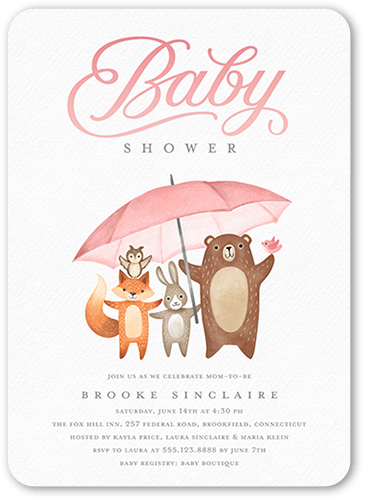 Umbrella Friends Baby Shower Invitation, Pink, 5x7 Flat, Matte, Signature Smooth Cardstock, Rounded