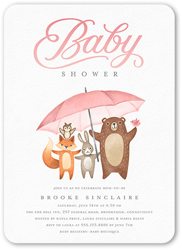 Umbrella Friends Baby Shower Invitation, Pink, 5x7 Flat, Standard Smooth Cardstock, Rounded