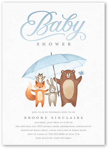 Umbrella Friends Baby Shower Invitation, Blue, 5x7 Flat, Standard Smooth Cardstock, Square