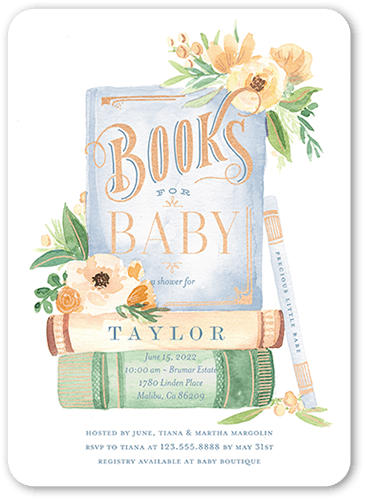 Stacked Books Baby Shower Invitation, Blue, 5x7 Flat, Standard Smooth Cardstock, Rounded