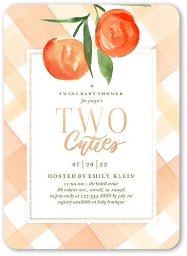 Two Cuties Baby Shower Invitation, Orange, 5x7 Flat, Pearl Shimmer Cardstock, Rounded