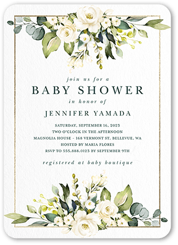 Delicate Floral Frame Baby Shower Invitation, Green, 5x7 Flat, Standard Smooth Cardstock, Rounded