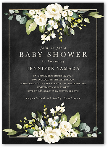 Delicate Floral Frame Baby Shower Invitation, Grey, 5x7 Flat, Matte, Signature Smooth Cardstock, Square