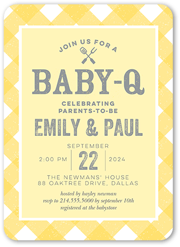 Plaid Child Baby Shower Invitation, Yellow, 5x7 Flat, Pearl Shimmer Cardstock, Rounded