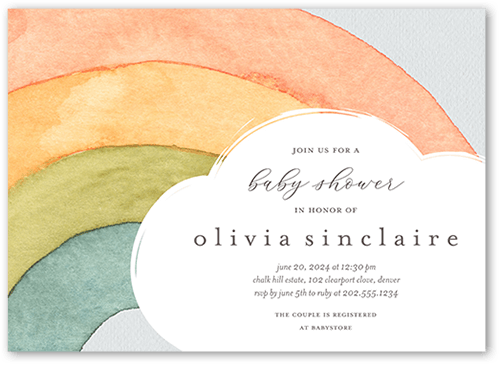 Drawing Rainbow Baby Shower Invitation, White, 5x7 Flat, Pearl Shimmer Cardstock, Square