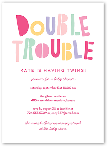 Double The Trouble Baby Shower Invitation, Pink, 5x7 Flat, Luxe Double-Thick Cardstock, Square