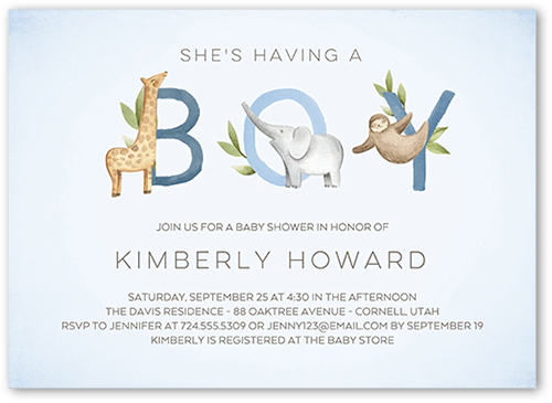 Animal Letters Baby Shower Invitation, Blue, 5x7 Flat, Standard Smooth Cardstock, Square
