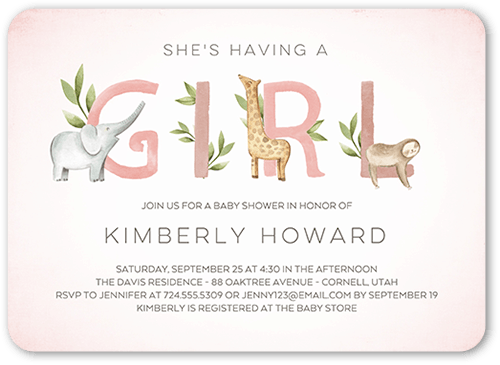 Animal Letters Baby Shower Invitation, Pink, 5x7 Flat, Matte, Signature Smooth Cardstock, Rounded