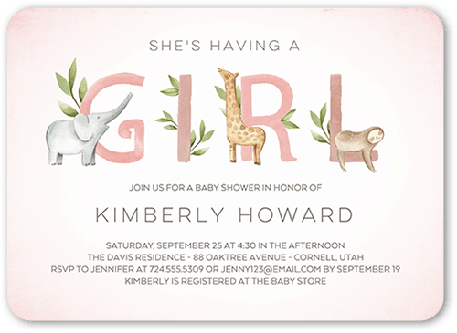 Animal Letters Baby Shower Invitation, Pink, 5x7 Flat, Pearl Shimmer Cardstock, Rounded