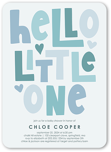Hello Tiny One Baby Shower Invitation, Blue, 5x7 Flat, Standard Smooth Cardstock, Rounded, Blue