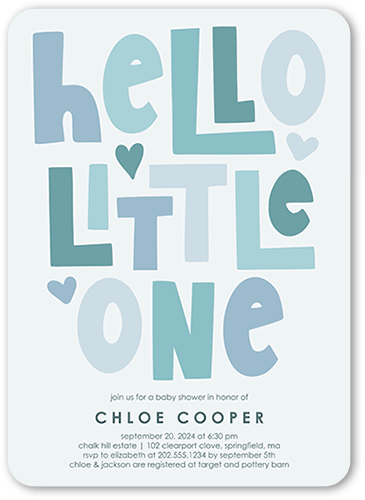 Hello Tiny One Baby Shower Invitation, Blue, 5x7 Flat, Matte, Signature Smooth Cardstock, Rounded