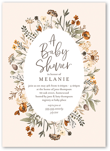 Wildflower Frame Baby Shower Invitation, Beige, 5x7 Flat, Pearl Shimmer Cardstock, Square