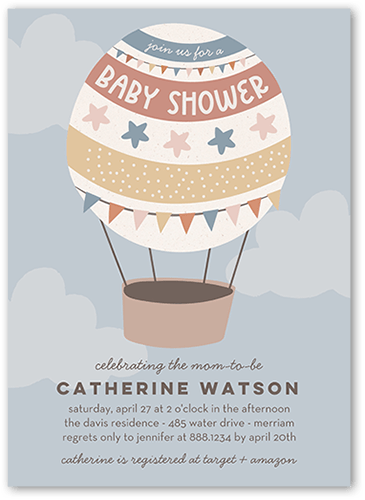 Balloon Travels Baby Shower Invitation, Grey, 5x7 Flat, Pearl Shimmer Cardstock, Square