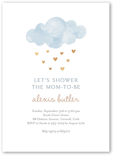 Heart Showers Baby Shower Invitation, Blue, 5x7 Flat, Pearl Shimmer Cardstock, Square