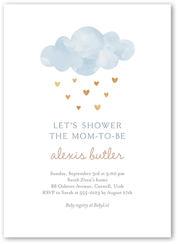 Heart Showers Baby Shower Invitation, Blue, 5x7 Flat, Standard Smooth Cardstock, Square