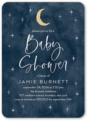 Papercraft Crescent Baby Shower Invitation, Blue, 5x7 Flat, Pearl Shimmer Cardstock, Rounded