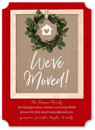 Rustic Wreathed Door Moving Announcement, Red, 5x7, Pearl Shimmer Cardstock, Ticket