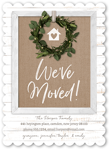 Rustic Wreathed Door Moving Announcement, White, 5x7, Pearl Shimmer Cardstock, Scallop