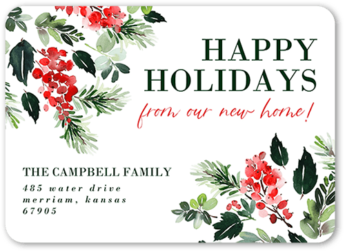 Holly Homecoming Moving Announcement, White, 5x7 Flat, Write Your Own Greeting, Standard Smooth Cardstock, Rounded, White