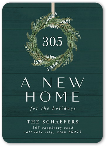 Wreathy Home Moving Announcement, Green, 5x7 Flat, Pearl Shimmer Cardstock, Rounded