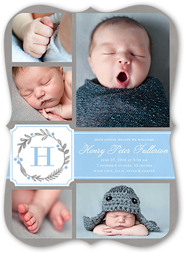 Wreath Monogram Boy Birth Announcement, Blue, 5x7 Flat, Matte, Signature Smooth Cardstock, Bracket