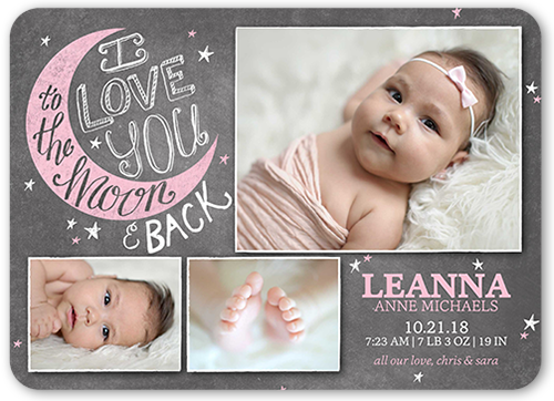 To the Moon Girl Birth Announcement, Grey, Pearl Shimmer Cardstock, Rounded