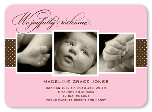 Triple Play Pink Birth Announcement, Pink, Standard Smooth Cardstock, Rounded