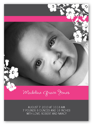 Floral Contour Pink Birth Announcement, Grey, 100% Recycled Cardstock , Square, Grey