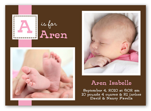 Dainty Denote Pink Birth Announcement, Brown, Pearl Shimmer Cardstock, Square