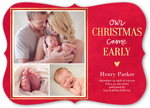 Early Christmas Birth Announcement, Red, Pearl Shimmer Cardstock, Bracket