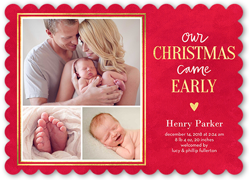 Early Christmas Birth Announcement, Red, Pearl Shimmer Cardstock, Scallop