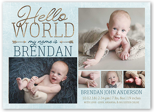Newborn Hello Birth Announcement, Blue, Standard Smooth Cardstock, Square
