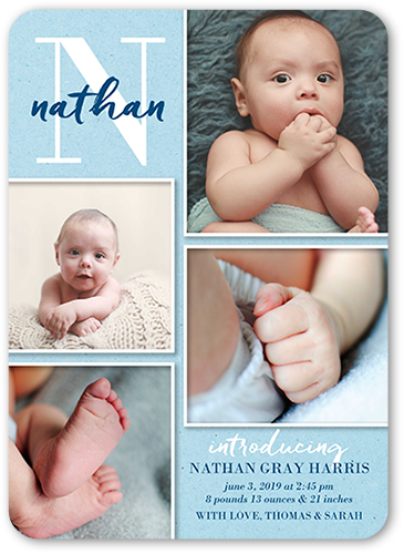 Monogram Welcome Boy Birth Announcement, Blue, 100% Recycled Cardstock , Rounded