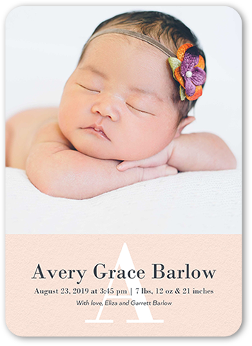 Simple Monogram Girl Birth Announcement, Beige, Pearl Shimmer Cardstock, Rounded