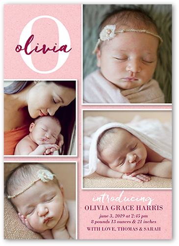 Monogram Welcome Girl Birth Announcement, Pink, Standard Smooth Cardstock, Square