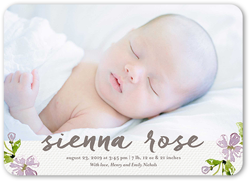 Lovely Floral Girl Birth Announcement, White, 100% Recycled Cardstock , Rounded