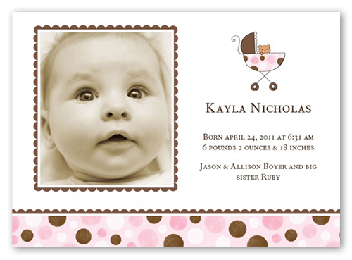Girl Stroller Birth Announcement, Pink, Pearl Shimmer Cardstock, Square