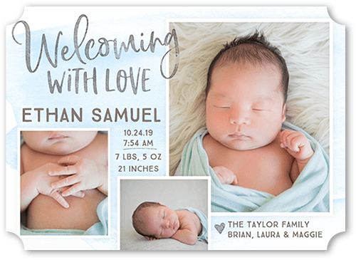 Welcoming Wash Boy Birth Announcement, Blue, 5x7, Pearl Shimmer Cardstock, Ticket