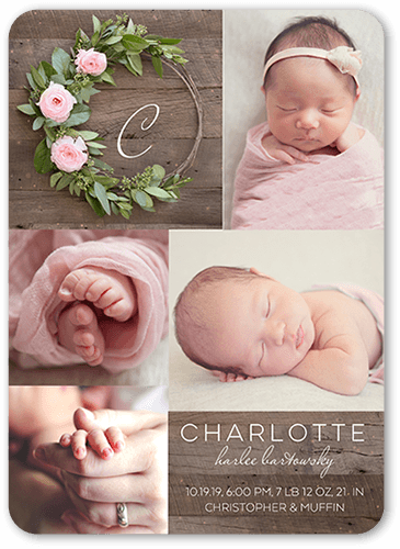 Adorned Monogram Birth Announcement, Pink, 5x7 Flat, Standard Smooth Cardstock, Rounded, White