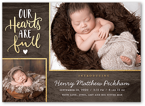Naturally Heartfelt Boy Birth Announcement, Brown, 5x7 Flat, Luxe Double-Thick Cardstock, Square