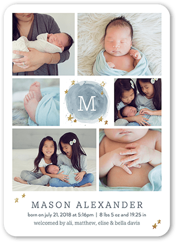 Astral Arrival Boy Birth Announcement, Blue, 5x7 Flat, Pearl Shimmer Cardstock, Rounded