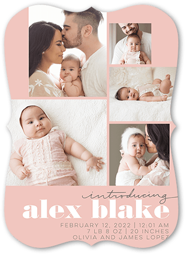 New Introductions Birth Announcement, Pink, 5x7 Flat, Pearl Shimmer Cardstock, Bracket