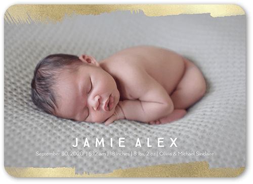 Contemporary Brushstroke Birth Announcement, Yellow, 5x7 Flat, Matte, Signature Smooth Cardstock, Rounded