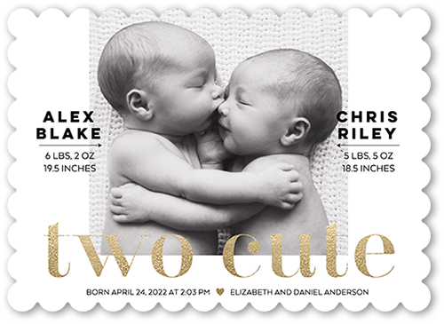 Two Cute Birth Announcement, White, 5x7, Pearl Shimmer Cardstock, Scallop
