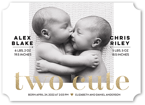 Two Cute Birth Announcement, White, 5x7 Flat, Matte, Signature Smooth Cardstock, Ticket