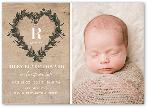 Wreathed Heart Birth Announcement, Beige, 5x7 Flat, Matte, Signature Smooth Cardstock, Square